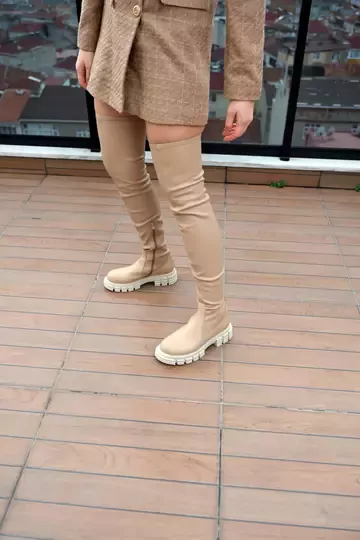 KADIN BEJ HAKİKİ DERİ STREÇ DİZ ÜSTÜ ÇİZME