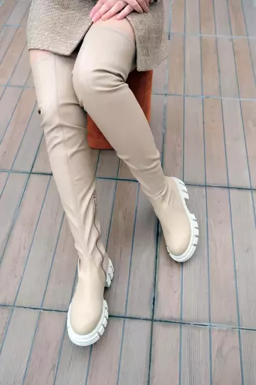 KADIN BEJ HAKİKİ DERİ STREÇ DİZ ÜSTÜ ÇİZME