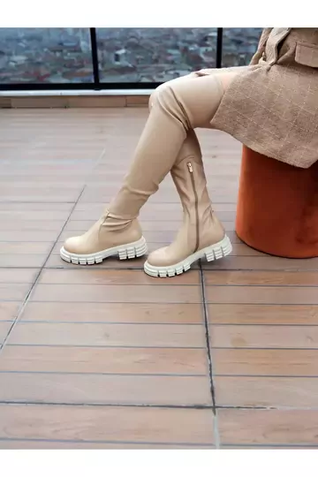 KADIN BEJ HAKİKİ DERİ STREÇ DİZ ÜSTÜ ÇİZME