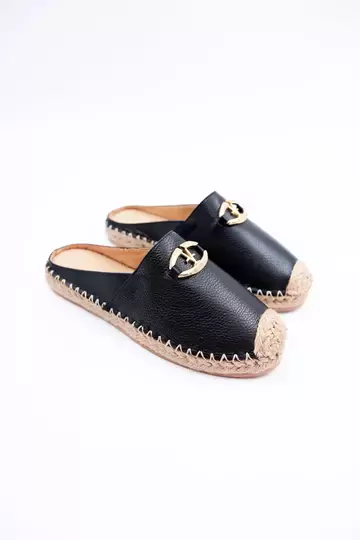 Kadın Hakiki Deri Espadril Terlik Siyah
