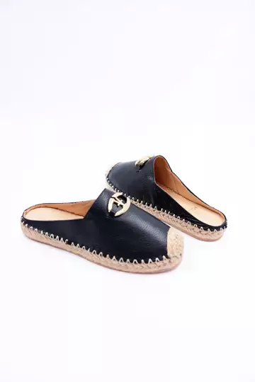 Kadın Hakiki Deri Espadril Terlik Siyah