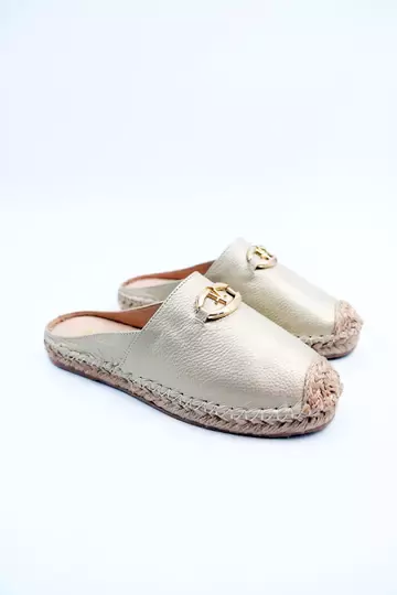 Kadın Hakiki Deri Espadril Terlik Altın