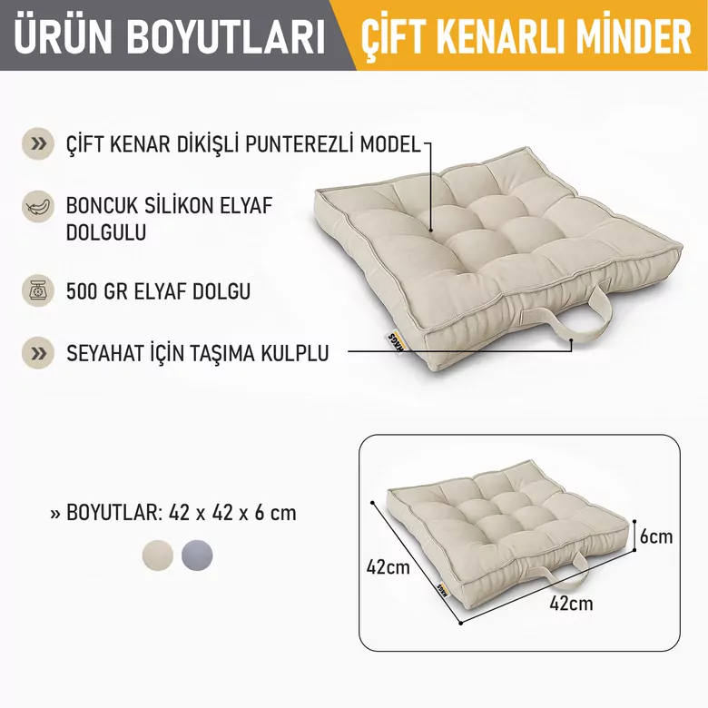 Haegs Sandalye Minderi, Çift Kenarlı, Taşıma Kulplu, Punterez Puntolu Elyaf Dolgulu Mutfak Yemek Sandalyeleri için Kare Oturma Minderi, Ofis Masası için Yumuşak Konforlu Minder 42x42x6 cm - Bej