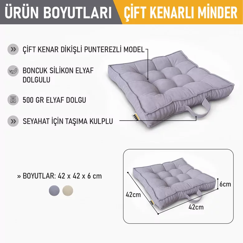Haegs Sandalye Minderi, Çift Kenarlı, Taşıma Kulplu, Punterez Puntolu Elyaf Dolgulu Mutfak Yemek Sandalyeleri için Kare Oturma Minderi, Ofis Masası için Yumuşak Konforlu Minder 42x42x6 cm - Gri