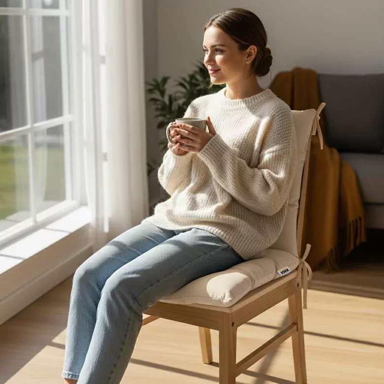 Haegs Sandalye Minderi, Punterez Puntolu Silikon Elyaf Dolgulu, Bağcıklı Mutfak Yemek Sandalyeleri için Oturma Minderi Ofis Sandalyesi Minderi, Yumuşak Konforlu Puf Minder 42x42x6 cm - Bej