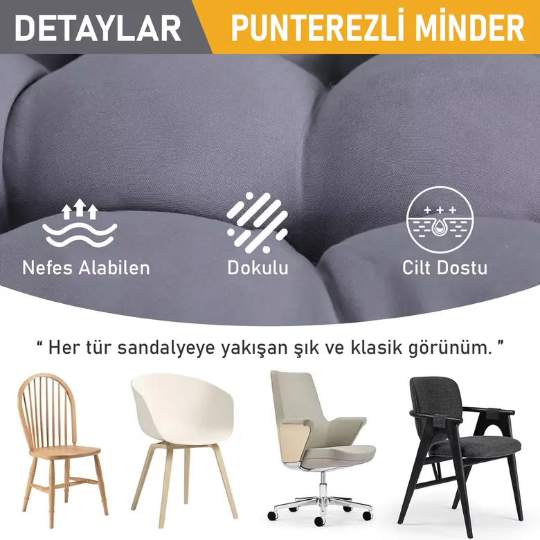 Haegs Sandalye Minderi, Punterez Puntolu Silikon Elyaf Dolgulu, Bağcıklı Mutfak Yemek Sandalyeleri için Oturma Minderi Ofis Sandalyesi Minderi, Yumuşak Konforlu Puf Minder 42x42x6 cm - Gri