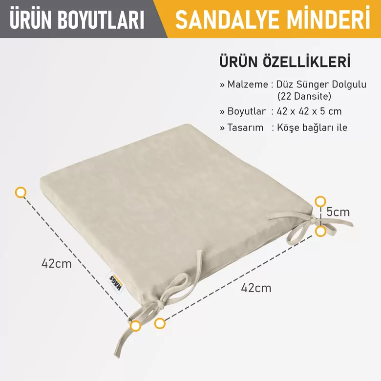 Haegs Sandalye Minderi, Süngerli, Yemek Sandalyeleri için Sünger Kare Minder Mutfak Sandalye Minderleri Yemek Sandalyeleri için Bağcıklı Kaymaz Sandalye Minderleri 22 Dens, 42x42x5cm Bej