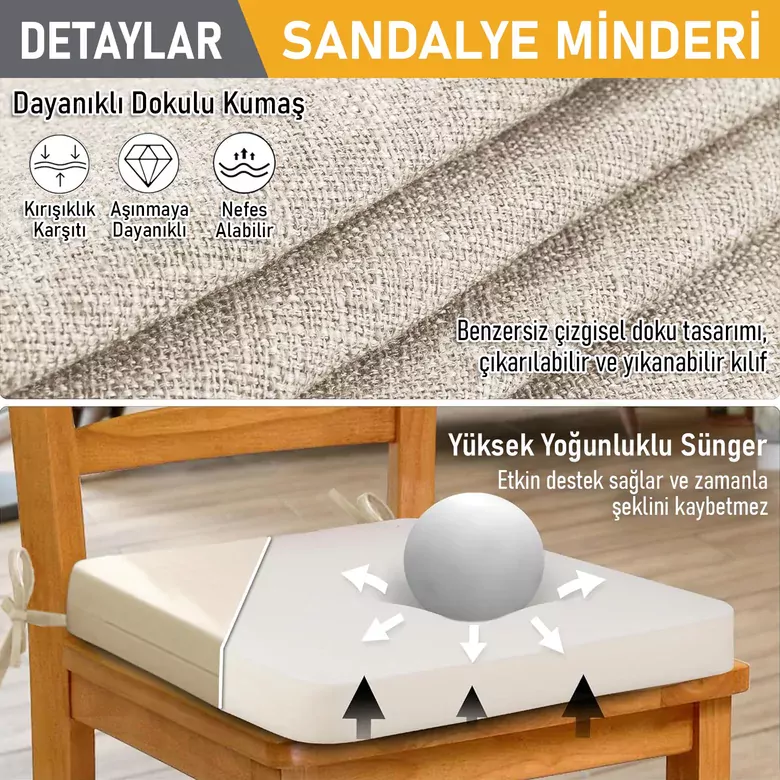 Haegs Sandalye Minderi, Süngerli, Yemek Sandalyeleri için Sünger Kare Minder Mutfak Sandalye Minderleri Yemek Sandalyeleri için Bağcıklı Kaymaz Sandalye Minderleri 22 Dens, 42x42x5cm Bej
