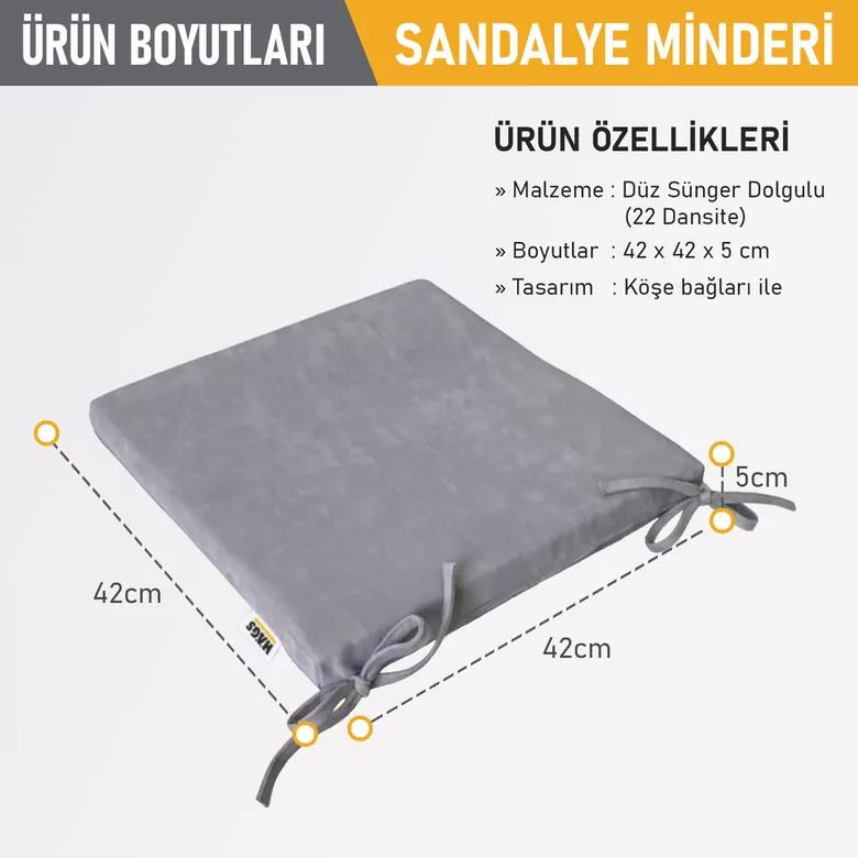 Haegs Sandalye Minderi, Süngerli, Yemek Sandalyeleri için Sünger Kare Minder Mutfak Sandalye Minderleri Yemek Sandalyeleri için Bağcıklı Kaymaz Sandalye Minderleri 22 Dens, 42x42x5cm Gri