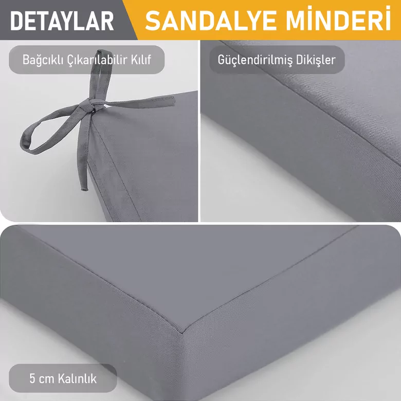Haegs Sandalye Minderi, Süngerli, Yemek Sandalyeleri için Sünger Kare Minder Mutfak Sandalye Minderleri Yemek Sandalyeleri için Bağcıklı Kaymaz Sandalye Minderleri 22 Dens, 42x42x5cm Gri