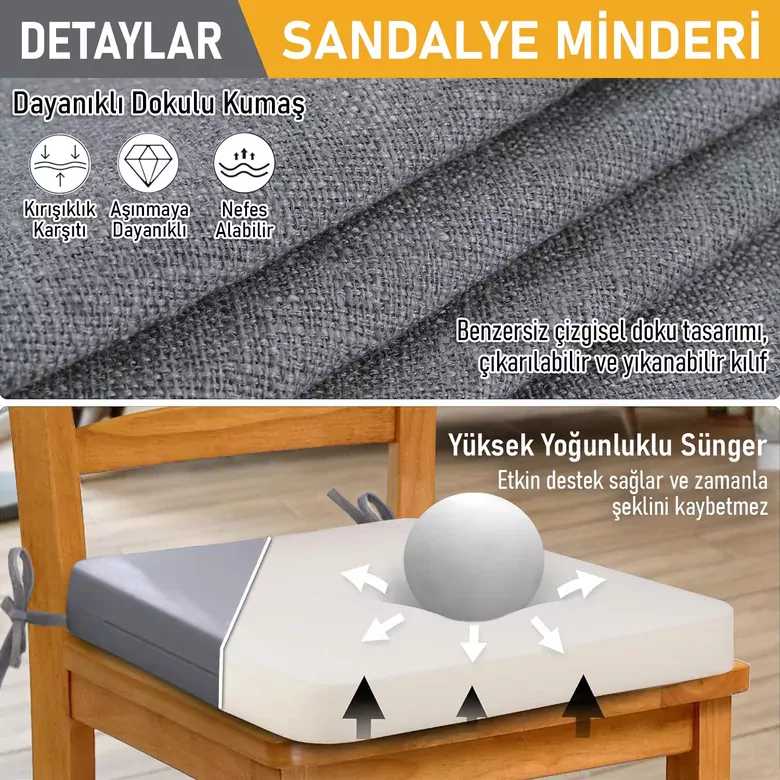 Haegs Sandalye Minderi, Süngerli, Yemek Sandalyeleri için Sünger Kare Minder Mutfak Sandalye Minderleri Yemek Sandalyeleri için Bağcıklı Kaymaz Sandalye Minderleri 22 Dens, 42x42x5cm Gri