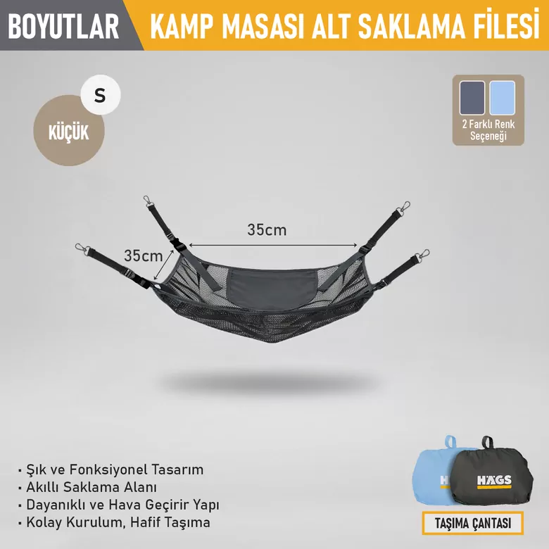 Masa Altı Saklama Filesi, Kamp Piknik Outdoor için Masa Altı Kamp Malzemeleri Eşya Depolama, Düzenleyici Organizer Kese Hurç File - S- 35x35 cm - Mavi