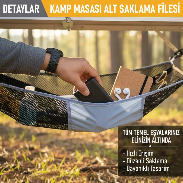 Masa Altı Saklama Filesi, Kamp Piknik Outdoor için Masa Altı Kamp Malzemeleri Eşya Depolama, Düzenleyici Organizer Kese Hurç File - S- 35x35 cm - Mavi