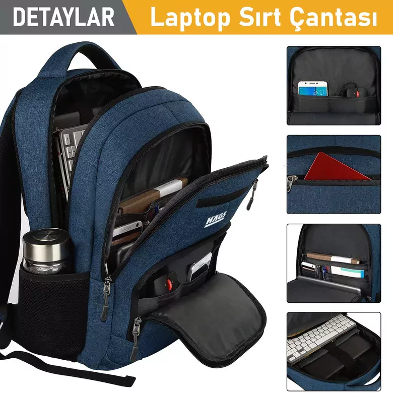 Haegs Laptop Sırt Çantası, Multi Cepli İş Seyahat Çantası, Dizüstü Bilgisayar Sırt Çantası, Suya Dayanıklı, Kolej Bilgisayar Çantası, Kadınlar ve Erkekler İçin Çok Bölmeli Organizer Çanta - Koyu Mavi
