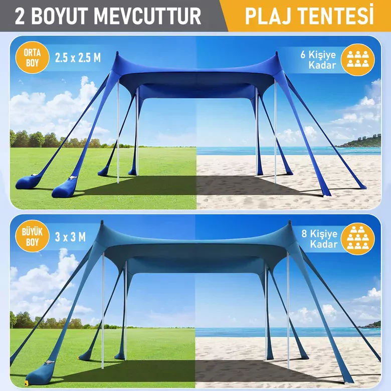 Haegs Plaj Gölgelik Tente Deniz Çadırı, Sahil Plaj Gölgeliği Kanopy, UPF50 Güneş Koruma, Açık Hava Deniz Şemsiyesi Tente Gölgelik Aile Kampı Balık Piknik için Gölgelik, 250x250cm Açık Mavi