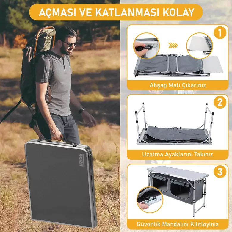 Haegs Saklama Dolaplı Kamp Masası, Outdoor Kamp Mutfağı, Kamp Dolabı, Katlanabilir Kamp Piknik Masası, Seyahat Mutfağı, Mutfak Dolabı, Depolama bölmeli, Dış Mekan Mutfağı 90x50cm Naturel Meşe