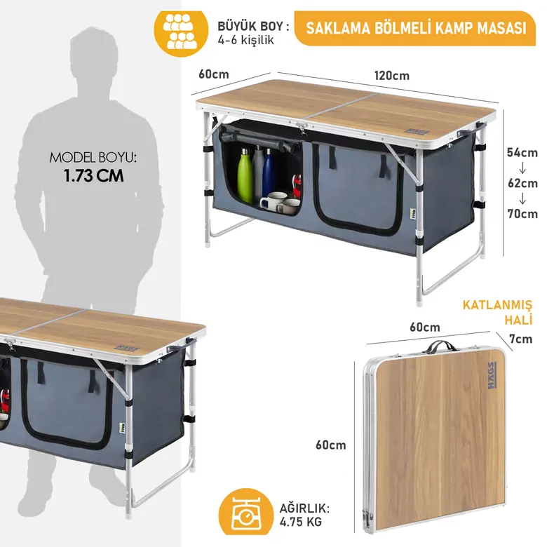 Haegs Saklama Dolaplı Kamp Masası, Outdoor Kamp Mutfağı, Kamp Dolabı, Katlanabilir Kamp Piknik Masası, Seyahat Mutfağı, Mutfak Dolabı, Depolama bölmeli, Dış Mekan Mutfağı 120x60cm- Hareli Ceviz