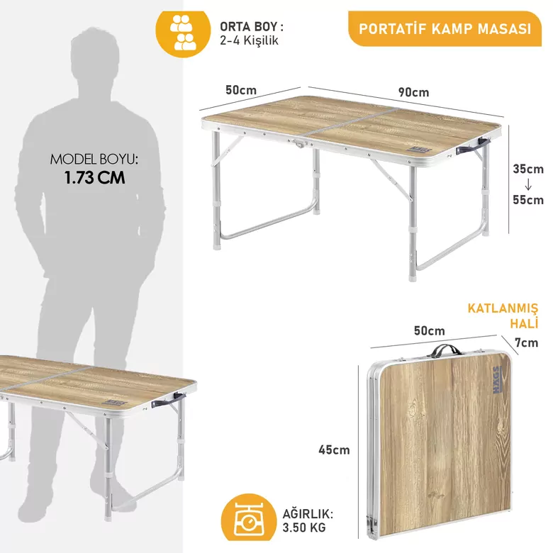 Haegs Portatif Kamp Masası, 2 Yükseklik Ayarlı, Katlanır Piknik Masası, Kolay Taşınabilir Alüminyum Masa - 90x50 - Naturel Meşe