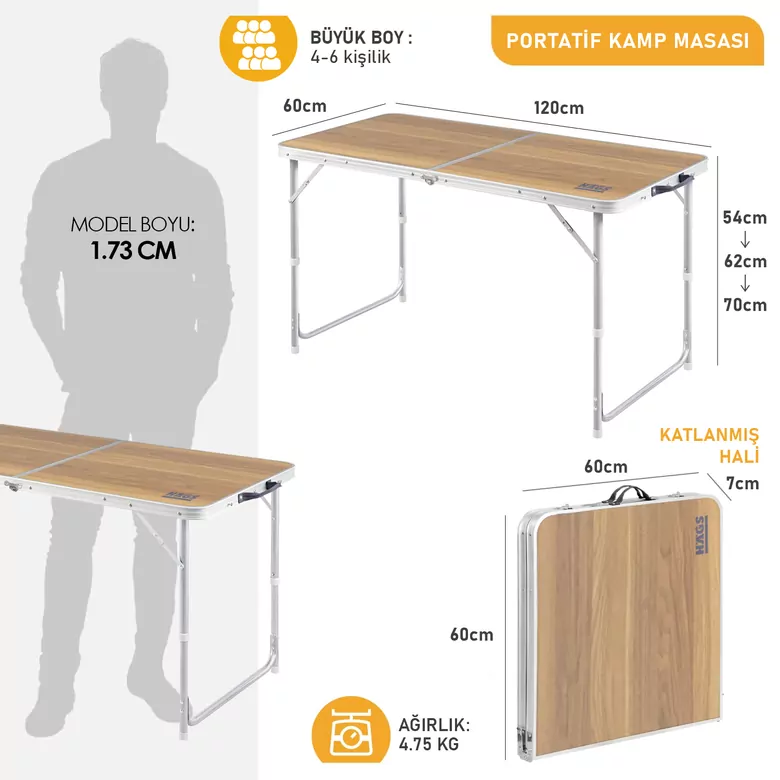 Haegs Portatif Kamp Masası, 3 Yükseklik Ayarlı, Katlanır Piknik Masası, Kolay Taşınabilir Alüminyum Masa - 120x60 - Hareli Ceviz