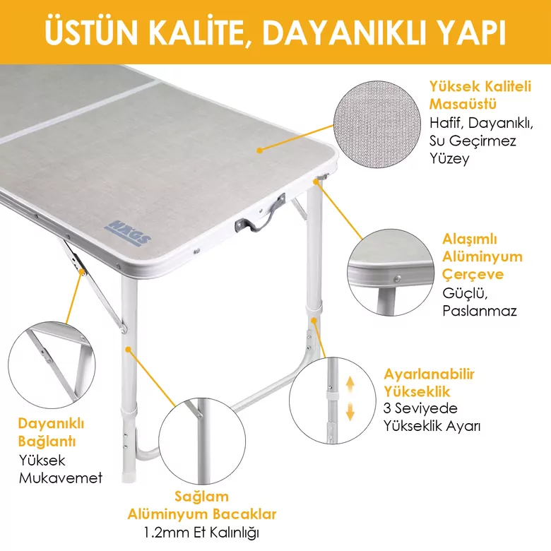 Haegs Portatif Kamp Masası, 3 Yükseklik Ayarlı, Katlanır Piknik Masası, Kolay Taşınabilir Alüminyum Masa - 120x60 - Hareli Ceviz