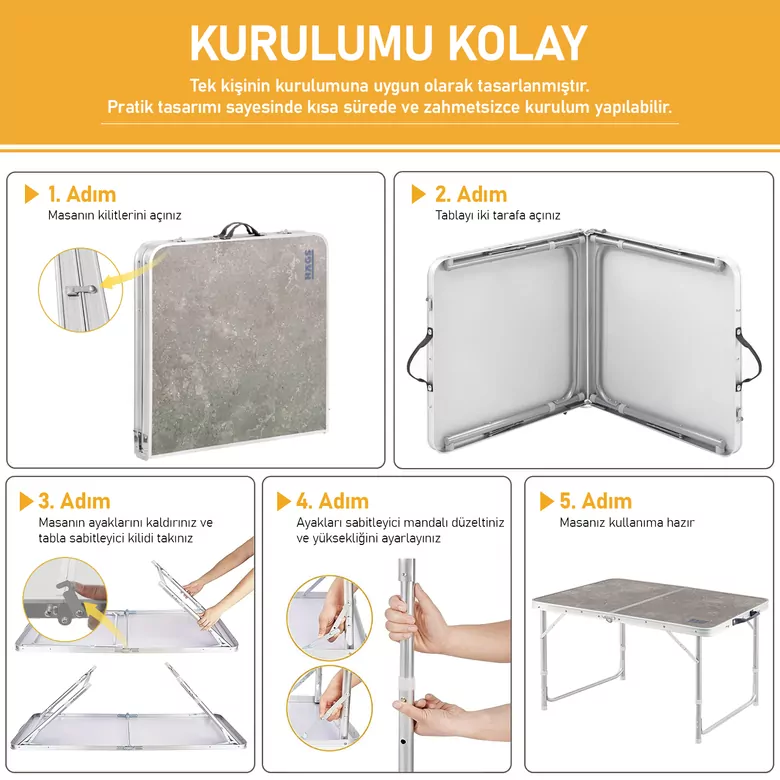 Haegs Portatif Kamp Masası, 3 Yükseklik Ayarlı, Katlanır Piknik Masası, Kolay Taşınabilir Alüminyum Masa - 120x60 - Hareli Ceviz