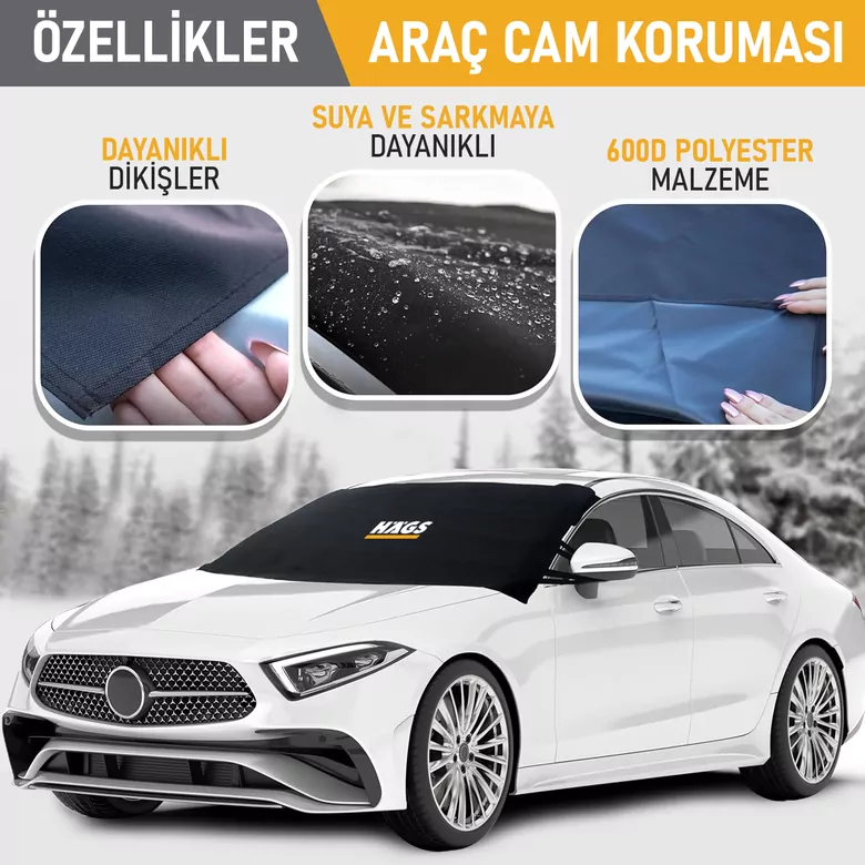 Haegs Buz ve Kar Önleyici Araç Ön Cam Örtüsü Brandası | Ağır Hizmet Tipi 600D Oxford Kumaş | Arabalar, SUV`lar, Kamyonetler İçin Oto Ön Cam Koruyucu Güneşlik | Don Örtüsü (198x114cm) XXL - Siyah