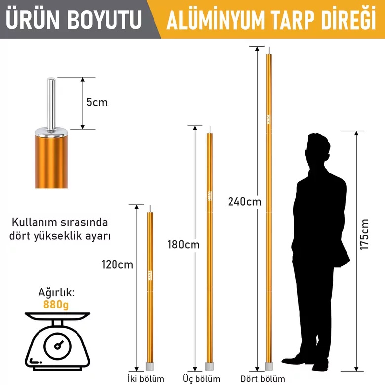 HAEGS Ayarlanabilir Tarp Tente Direkleri, 2`li Set, Teleskopik Alüminyum Çadır Gölgelik Branda Direkleri, Kamp Direği Katlanabilir Hafif Karavan Araç Yan Tente Direği  - Turuncu