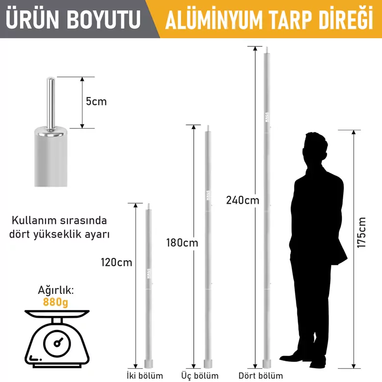 HAEGS Ayarlanabilir Tarp Tente Direkleri, 2`li Set, Teleskopik Alüminyum Çadır Gölgelik Branda Direkleri, Kamp Direği Katlanabilir Hafif Karavan Araç Yan Tente Direği  - Gümüş
