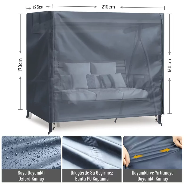 HAEGS Bahçe Salıncak Koruma Örtüsü Üç Kişilik Tenteli Hamak Bahçe Salıncağı Koruma Kılıfı Su Geçirmez Branda Dayanıklı 210x125x170cm Gri