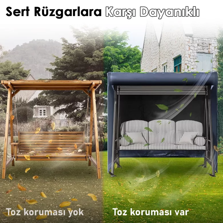 HAEGS Bahçe Salıncak Koruma Örtüsü Üç Kişilik Tenteli Hamak Bahçe Salıncağı Koruma Kılıfı Su Geçirmez Branda Dayanıklı 210x125x170cm Gri