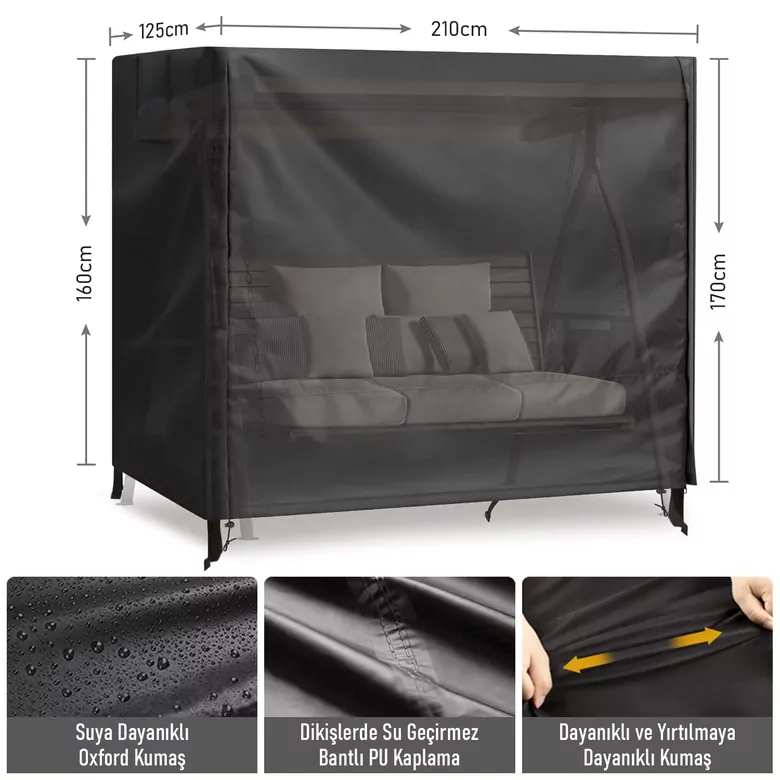HAEGS Bahçe Salıncak Koruma Örtüsü Üç Kişilik Tenteli Hamak Bahçe Salıncağı Koruma Kılıfı Su Geçirmez Branda Dayanıklı 210x125x170cm Siyah