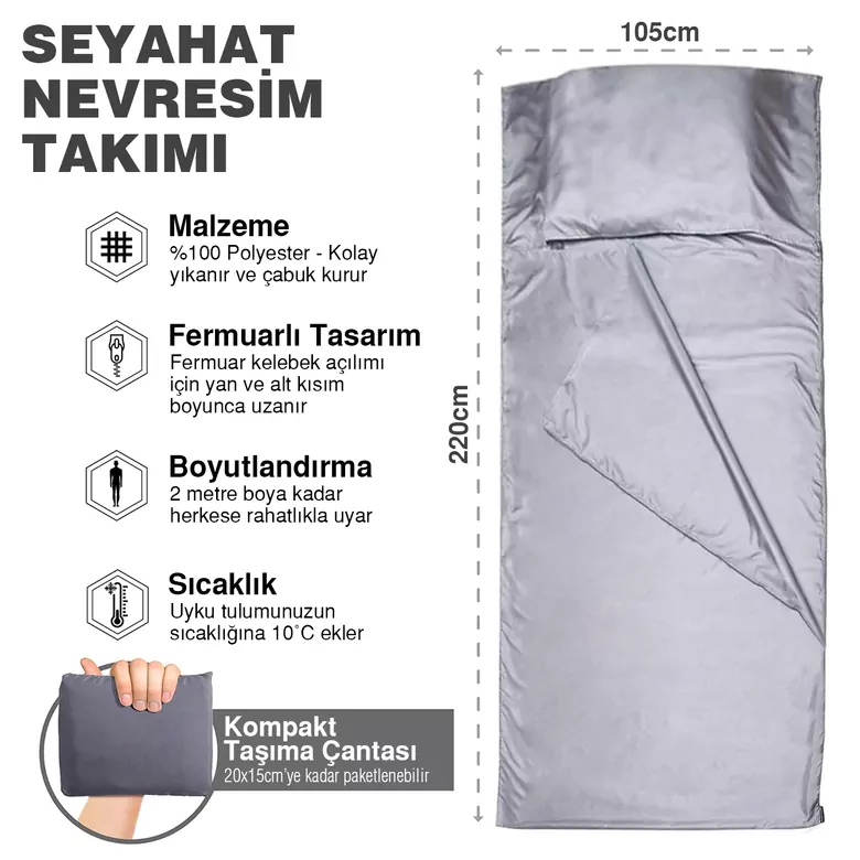 Haegs Seyahat Uyku Nevresimi, Saten Polyester, Hafif Kompakt Taşınabilir Seyahat tipi Nevresim Takımı, Otel için Temiz Çarşaf, Kamp Uyku Tulumu Astarı, Kamp Çadır Çarşafı 220 x 105cm Gri