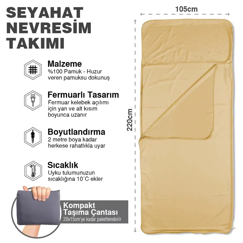 Haegs Seyahat Uyku Nevresimi, %100 Pamuk, Hafif Kompakt Taşınabilir Seyahat tipi Nevresim Takımı, Otel için Temiz Çarşaf, Kamp Uyku Tulumu Astarı, Kamp Çadır Çarşafı 220 x 105cm Gold