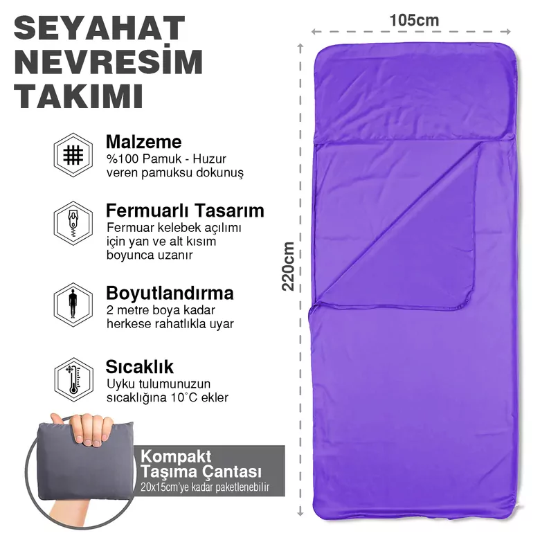 Haegs Seyahat Uyku Nevresimi, %100 Pamuk, Hafif Kompakt Taşınabilir Seyahat tipi Nevresim Takımı, Otel için Temiz Çarşaf, Kamp Uyku Tulumu Astarı, Kamp Çadır Çarşafı 220 x 105cm Lila