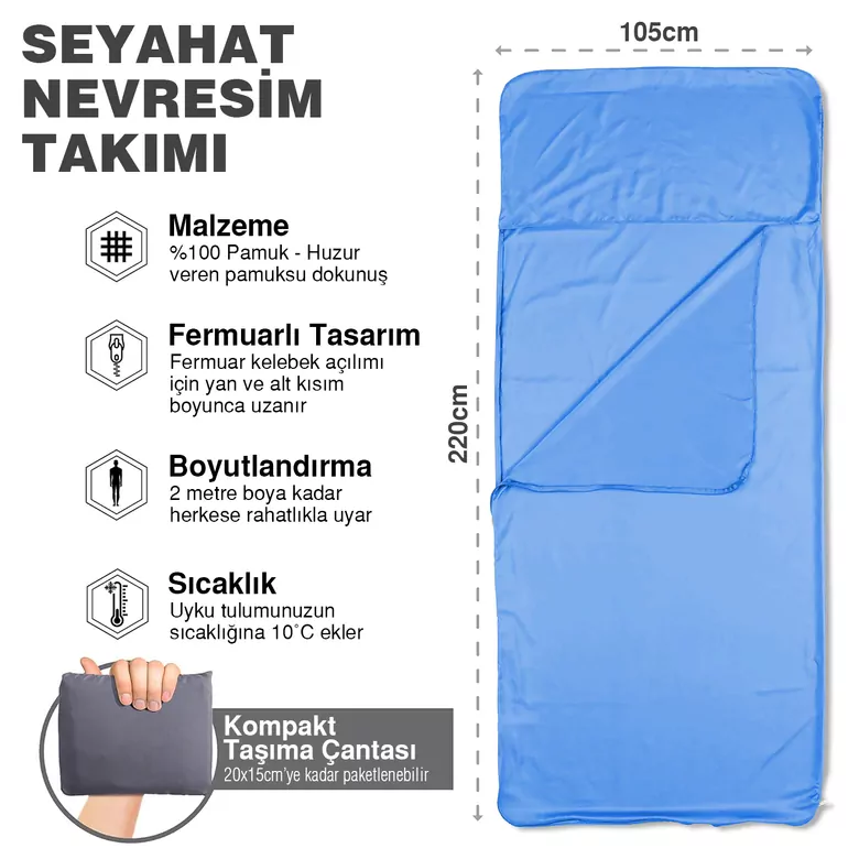 Haegs Seyahat Uyku Nevresimi, %100 Pamuk, Hafif Kompakt Taşınabilir Seyahat tipi Nevresim Takımı, Otel için Temiz Çarşaf, Kamp Uyku Tulumu Astarı, Kamp Çadır Çarşafı 220 x 105cm Mavi