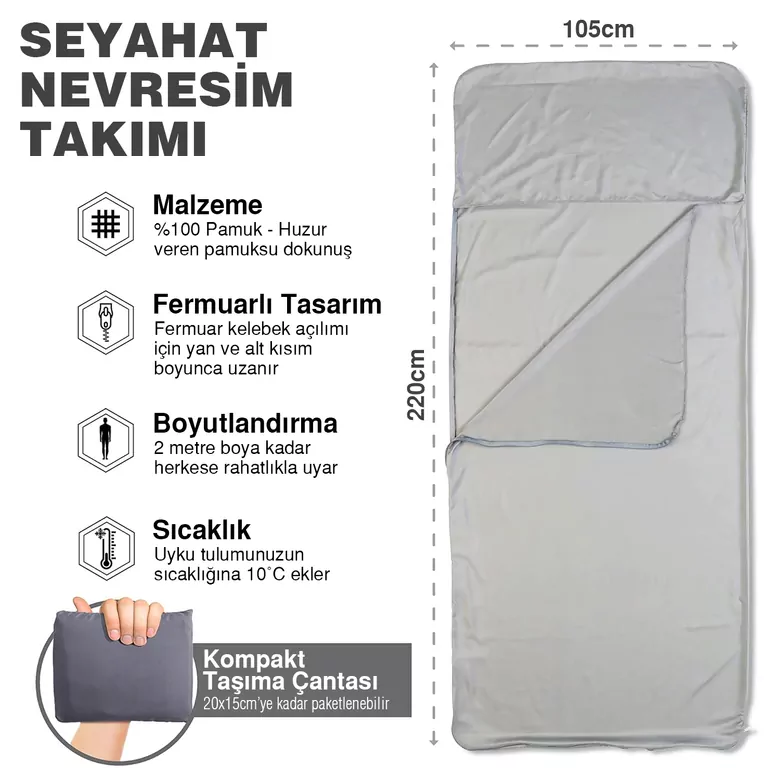 Haegs Seyahat Uyku Nevresimi, %100 Pamuk, Hafif Kompakt Taşınabilir Seyahat tipi Nevresim Takımı, Otel için Temiz Çarşaf, Kamp Uyku Tulumu Astarı, Kamp Çadır Çarşafı 220 x 105cm Gri