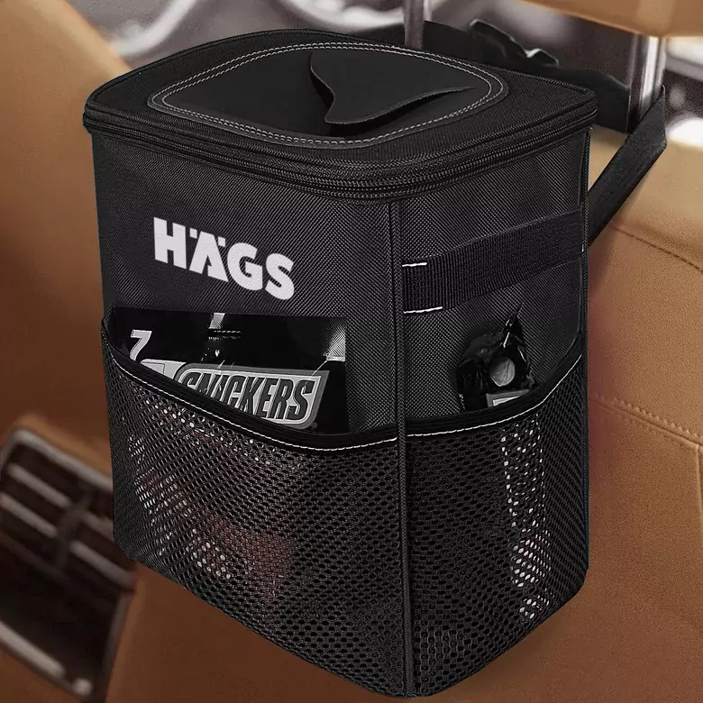HAEGS Araç içi Çöp Çantası, Araba Çöp Kovası - Oto Çöp Kutusu Kapaklı ve Saklama Cepli %100 Sızdırmaz Organizer Çanta, Su Geçirmez Oto Çöp Kutusu, Çok Amaçlı Araç içi Düzenleyici Çanta, 8 Lt - Siyah