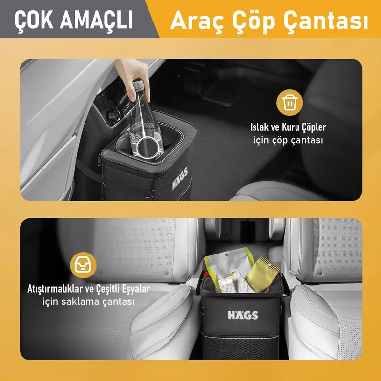 HAEGS Araç içi Çöp Çantası, Araba Çöp Kovası - Oto Çöp Kutusu Kapaklı ve Saklama Cepli %100 Sızdırmaz Organizer Çanta, Su Geçirmez Oto Çöp Kutusu, Çok Amaçlı Araç içi Düzenleyici Çanta, 8 Lt - Siyah