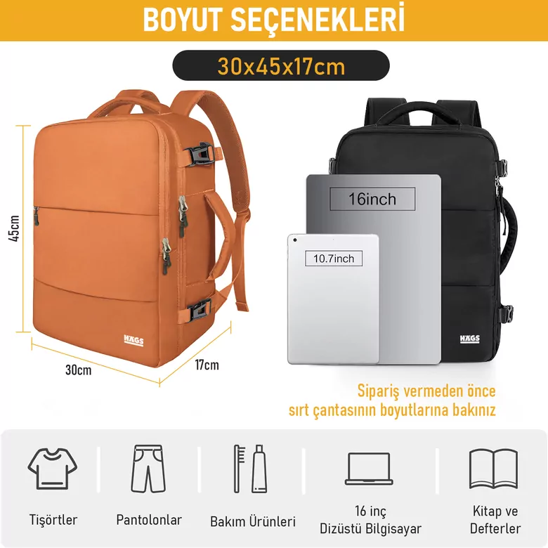 Haegs Seyahat Sırt Çantası, Laptop Sırt Çantası Hafif El Çantası Küçük Bavul Valiz, Uçak Onaylı Bagaj Çantası, Erkek ve Bayan İçin, 15.6 inç Notebook Dizüstü Bilgisayar Macbook Laptop Çantası, Turuncu