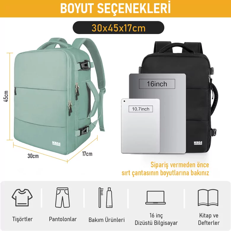 Haegs Seyahat Sırt Çantası, Laptop Sırt Çantası Hafif El Çantası Küçük Bavul Valiz, Uçak Onaylı Bagaj Çantası, Erkek ve Bayan İçin, 15.6 inç Notebook Dizüstü Bilgisayar Macbook Laptop Çantası, Yeşil