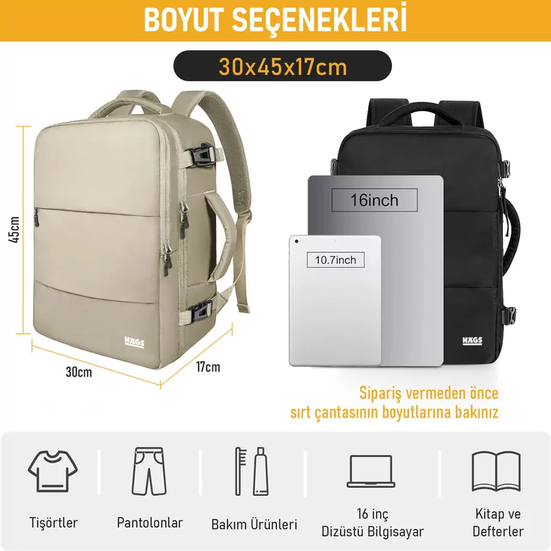 Haegs Seyahat Sırt Çantası, Laptop Sırt Çantası Hafif El Çantası Küçük Bavul Valiz, Uçak Onaylı Bagaj Çantası, Erkek ve Bayan İçin, 15.6 inç Notebook Dizüstü Bilgisayar Macbook Laptop Çantası, Bej