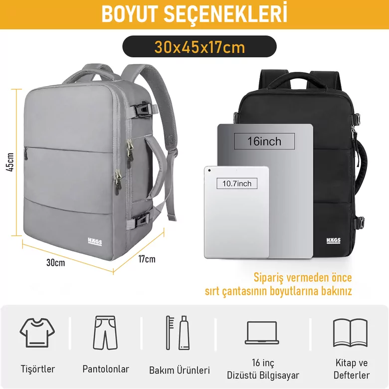 Haegs Seyahat Sırt Çantası, Laptop Sırt Çantası Hafif El Çantası Küçük Bavul Valiz, Uçak Onaylı Bagaj Çantası, Erkek ve Bayan İçin, 15.6 inç Notebook Dizüstü Bilgisayar Macbook Laptop Çantası, Gri