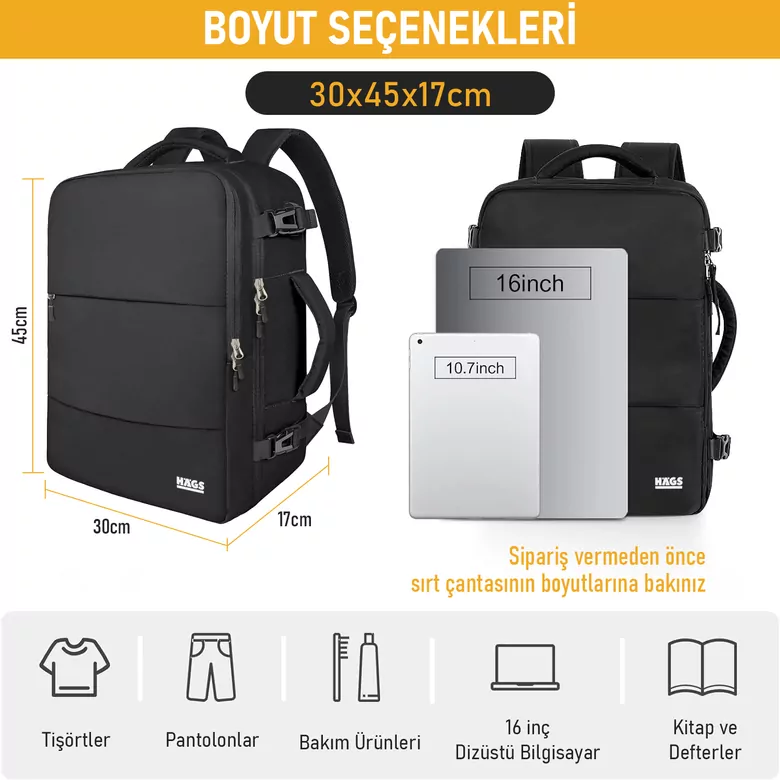 Haegs Seyahat Sırt Çantası, Laptop Sırt Çantası Hafif El Çantası Küçük Bavul Valiz, Uçak Onaylı Bagaj Çantası, Erkek ve Bayan İçin, 15.6 inç Notebook Dizüstü Bilgisayar Laptop Macbook Çantası, Siyah