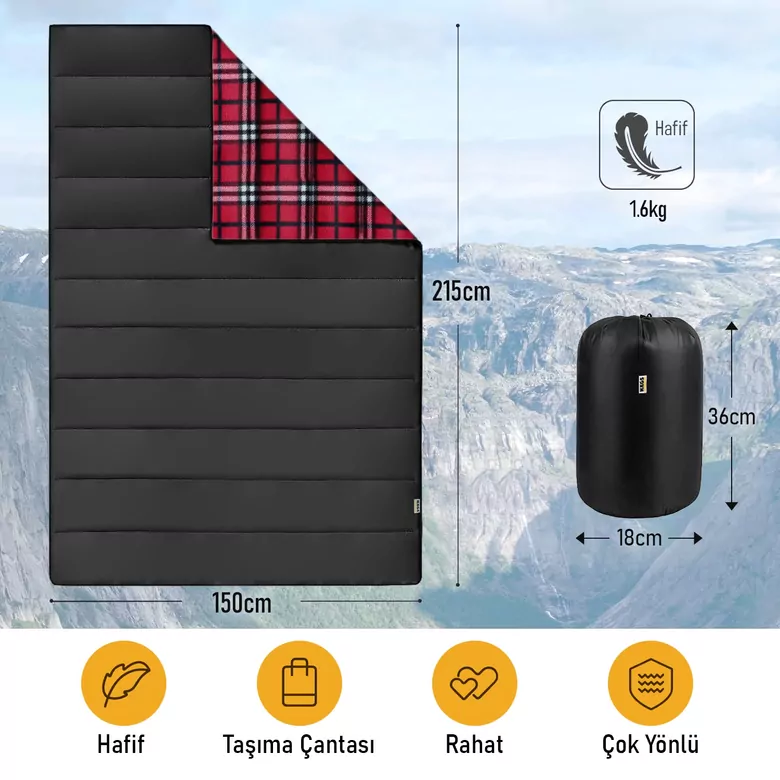 Haegs Flanel Kamp Battaniyesi, Seyahat Yorganı Dış Mekan Hafif Kompakt Outdoor Kamp Çadır Karavan Battaniye 215-150 cm Siyah