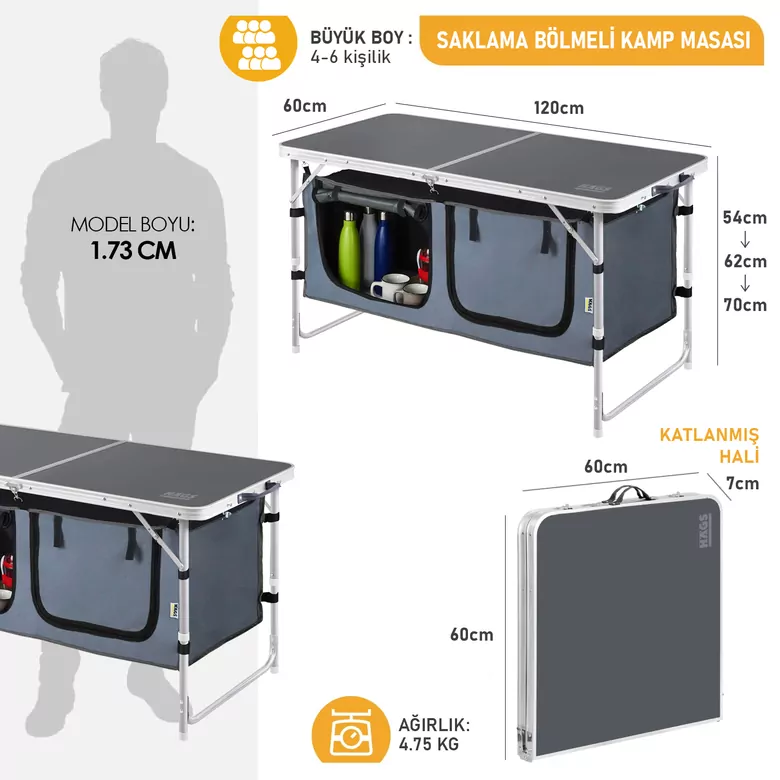 Haegs Saklama Dolaplı Kamp Masası, Outdoor Kamp Mutfağı, Kamp Dolabı, Katlanabilir Kamp Piknik Masası, Seyahat Mutfağı, Mutfak Dolabı, Depolama bölmeli, Dış Mekan Mutfağı 120-60cm- Antrasit