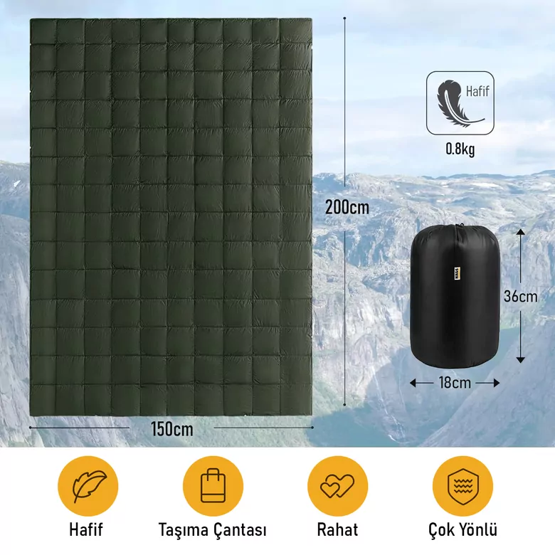 Haegs Kamp Battaniyesi - Dış Mekan Hafif Kompakt Seyahat Yorganı Kamp Yürüyüş Outdoor Şal, Battaniye 200-150 cm Haki