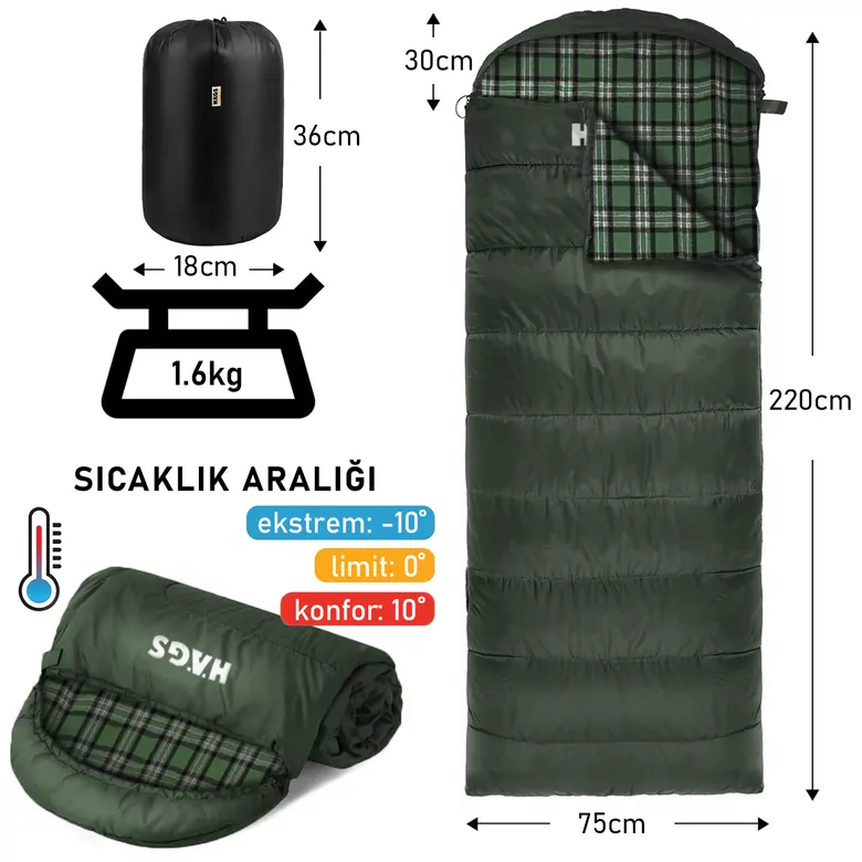 Haegs Uyku Tulumu, Flanel, Battaniye, Kamp Uyku Tulumu, Outdoor Dış Mekan, 3 - 4 Mevsim, Yazlık Uyku Tulumu - Kış Uyku Tulumu, Ultra Hafif, Sıcak ve Kompakt - Flanel -Haki