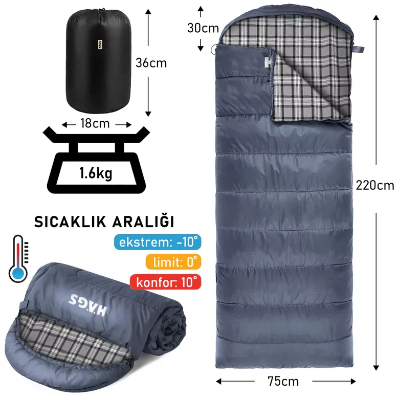 Haegs Uyku Tulumu, Flanel, Battaniye, Kamp Uyku Tulumu, Outdoor Dış Mekan, 3 - 4 Mevsim, Yazlık Uyku Tulumu - Kış Uyku Tulumu, Ultra Hafif, Sıcak ve Kompakt - Flanel -Antrasit