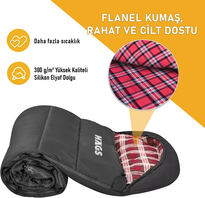 Haegs Uyku Tulumu, Flanel, Battaniye, Kamp Uyku Tulumu, Outdoor Dış Mekan, 3 - 4 Mevsim, Yazlık Uyku Tulumu - Kış Uyku Tulumu, Ultra Hafif, Sıcak ve Kompakt - Flanel -Siyah