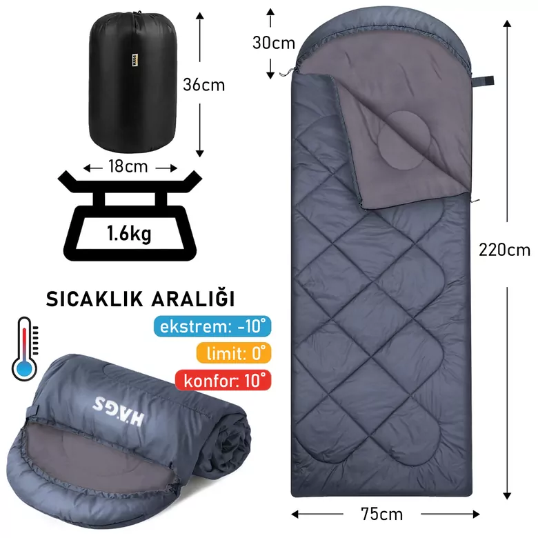 Haegs Uyku Tulumu, Polar, Battaniye, Kamp Uyku Tulumu, Outdoor Dış Mekan, 3 - 4 Mevsim, Yazlık Uyku Tulumu - Kış Uyku Tulumu, Ultra Hafif, Sıcak ve Kompakt - Polar -Antrasit